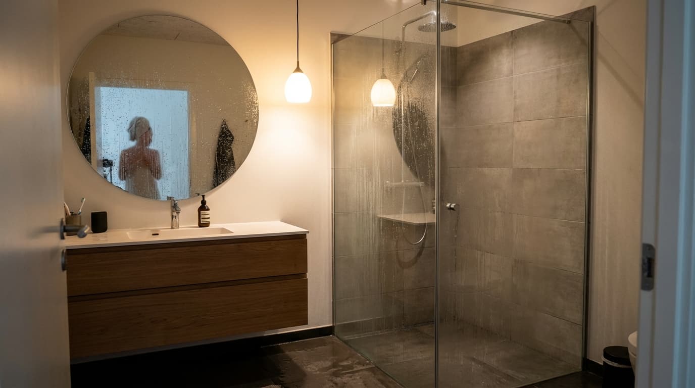 Kondens i badeværelse efter bad — ventilation mangler — Brædstrup